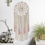 EOBTAIN Boho Macrame Wall Hanging Handmade Dream Catchers Pink and White Woven Tapestry Wall Decor Dreamcatcher Tassel Wall Art Bohemian Home Decor for Bedroom Living Room,Gifts for Girls Woman Mom