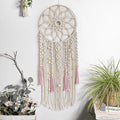 LB Boho Pink Macrame Wall Hanging Flower Dream Catcher Handmade Woven Cotton Tapestry with Wood beads Modern Aesthetic Wall Art Decor for Home, Bedroom, Living Room