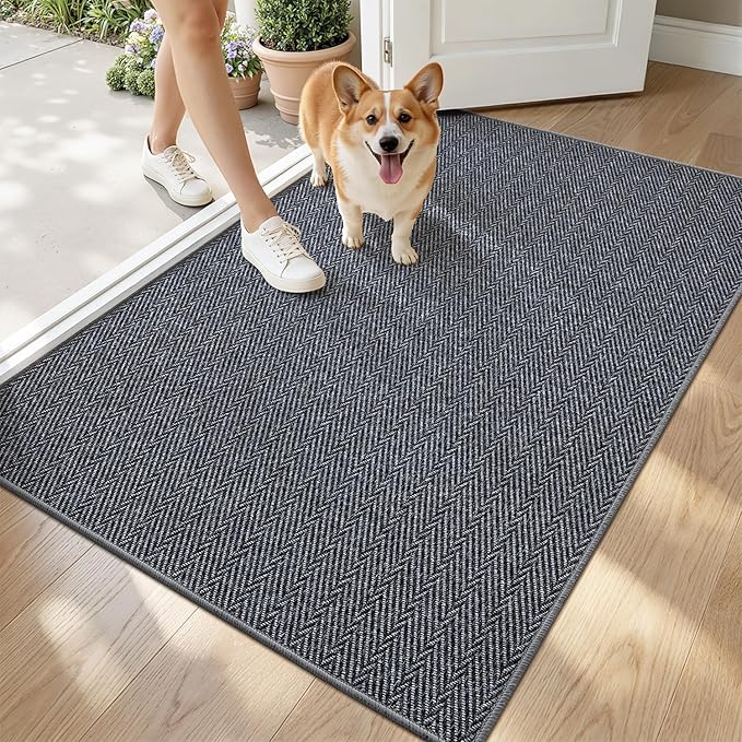 LUMI Ultra Thin Indoor Door Mat for Entrance 32"x48", Non Slip Entryway Mat, Low Profile Doormat, Unique Herringbone Design Carpet for Inside, Patio, Porch, Medium Gray