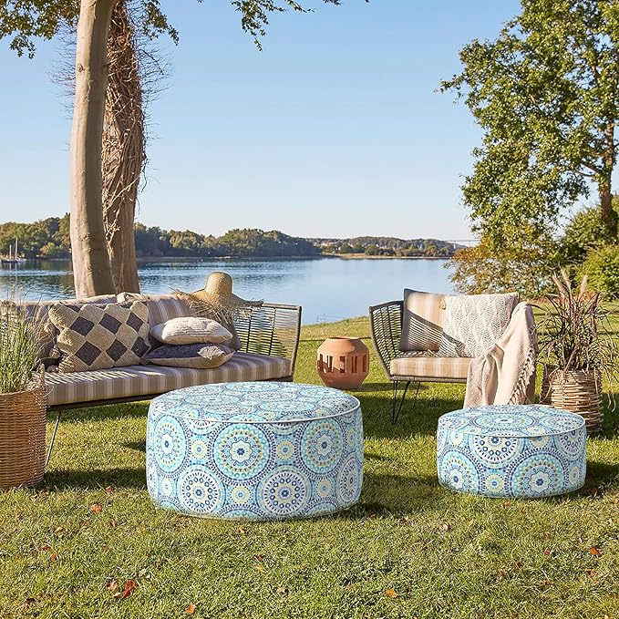 Indoor/Outdoor Inflatable Ottoman D21 x H9 inch, Round Footstool Inflatable Foot Rest Ottoman with Handle, Portable Ottomans Pouf for Patio, Garden, Camping, Home, Delancey Lagoon