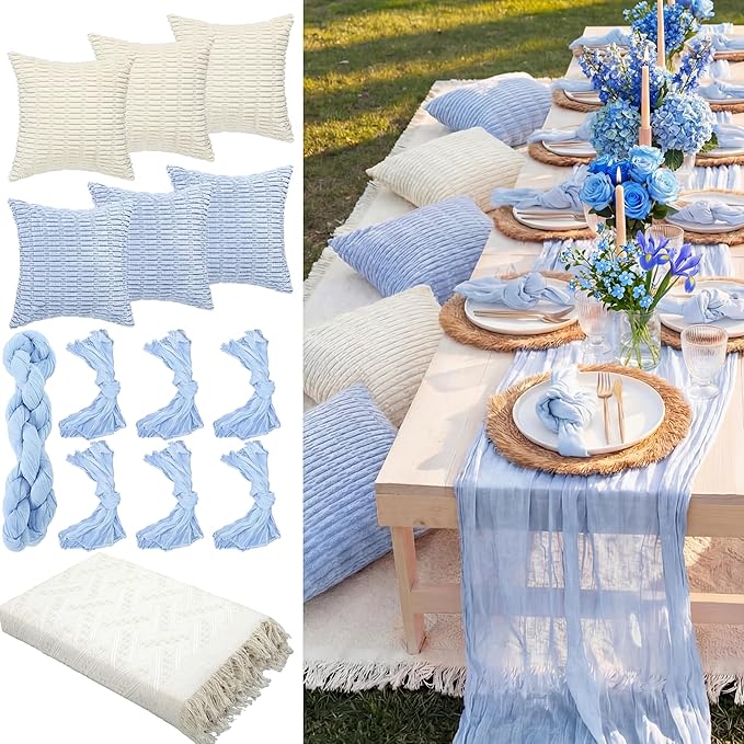 91 x 71 Extra Large Outdoor Boho Picnic Blanket with Table Runner Light Blue, 6 Throw Pillow Covers 6 Napkins Woven Cotton Yarn Oversize Beach Blanket Washable Picnic Camp Wedding