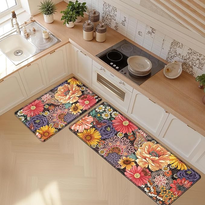 Boho Floral Kitchen Mats for Floor 2PCS Anti Fatigue Mats for Kitchen Floor Cushioned Non Slip Waterproof Memory Foam PVC Kitchen Rugs Set for Sink,Office,Laundry 17.3"x28"+17.3"x47"