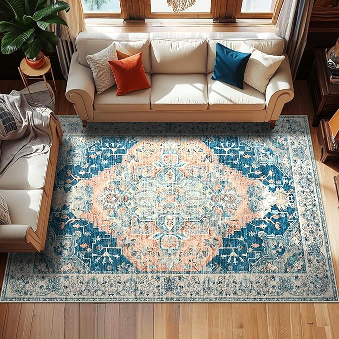 YJ.GWL Area Rugs for Living Room 9x12 Machine Washable Rugs, Non Slip Floral Vintage Rug Indoor Carpet, Stain Resistant Large Rug for Bedroom Dining Room, Dark Blue