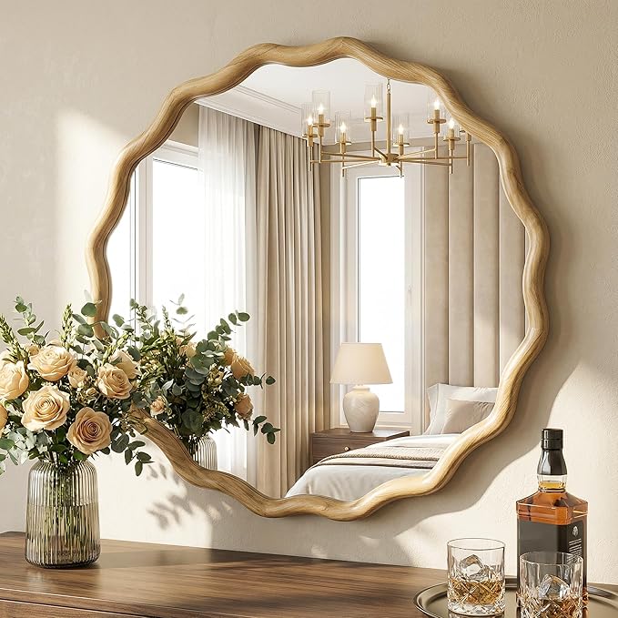 Round Wood Mirrors for Wall, 28" Boho Circle Wavy Mirror with Wooden Frame, Decorative Mirror with Tempered Glass, Natural Wooden Frame Vanity Mirror for Bedroom, Living Room, Entryway