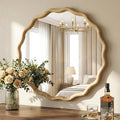 Round Wood Mirrors for Wall, 28" Boho Circle Wavy Mirror with Wooden Frame, Decorative Mirror with Tempered Glass, Natural Wooden Frame Vanity Mirror for Bedroom, Living Room, Entryway