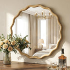 Round Wood Mirrors for Wall, 28" Boho Circle Wavy Mirror with Wooden Frame, Decorative Mirror with Tempered Glass, Natural Wooden Frame Vanity Mirror for Bedroom, Living Room, Entryway