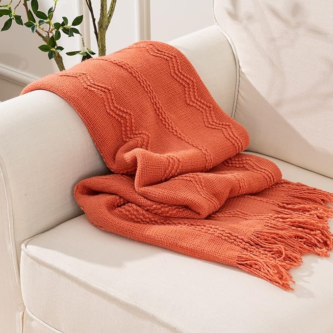 BATTILO HOME Orange Fall Throw Blanket for Couch Sofa, Knitted Decorative Blankets Throws Halloween Throw Blanket Fall Decorations Home Decor (Salmon, 50"x60")