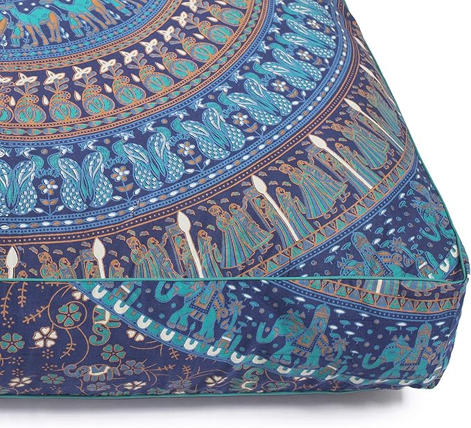 Popular Handicrafts Floor Pillow Cushion Cover - Hippie Mandala Square Ottoman Indian Elephant Camel Daybed Oversized Cotton Cushion Cover with Heavy Duty Zipper - Dog-Pets Bed, 35" Blue Turqouise