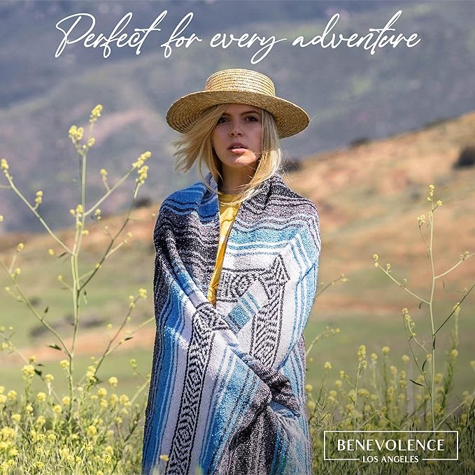 Benevolence LA Authentic Handwoven Mexican Blanket | Yoga Blankets, Outdoor, Picnic, Beach, Camping | Equestrian Saddle | Serape 50x70 inches - Sky Blue, Pack of 1