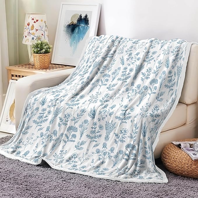 Floral Fuzzy Blanket Boho Floral Throw Blanket, Blue Botanical Flowers Blankets, Soft, Flannel, Warm, Rustic Flowers Bed Blankets All Season for Couch Bedroom Living Room 60X90 Inch
