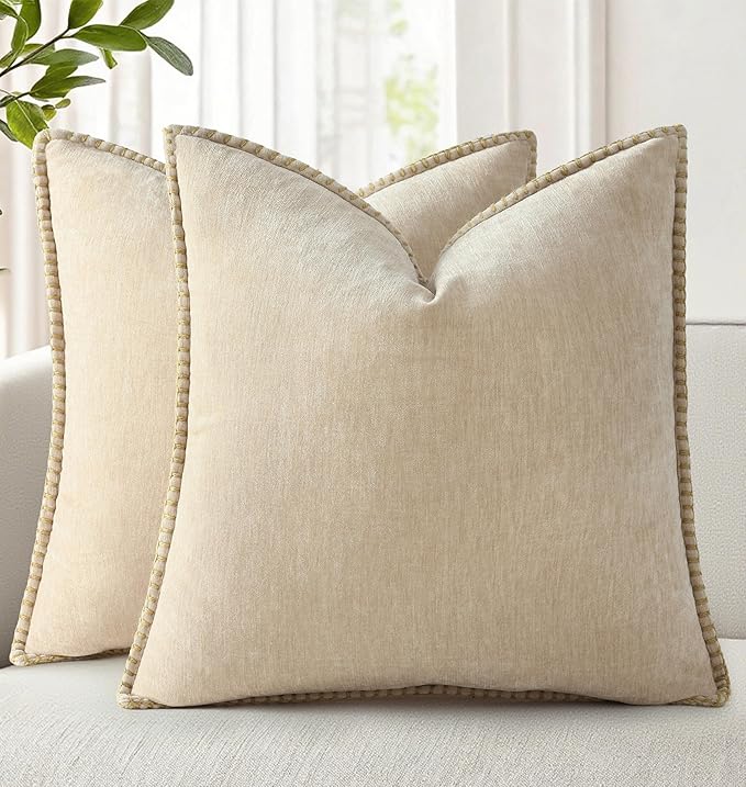 decorUhome Summer Chenille Soft Cozy Throw Pillow Covers 26x26 Set of 2, Modern Farmhouse Boho Velvet Decorative Euro Sham Pillow Cases with Stitched Edge for Couch Sofa Bed Home Decor, Beige