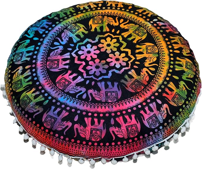Round Mandala Floor Pillow Cover Seating Cushion Throw Cover Hippie Decorative Bohemian Ottoman Pouf Cover, Pom Pom Pillow Cases,Boho Indian 22 Inches (Multi Up hathi)
