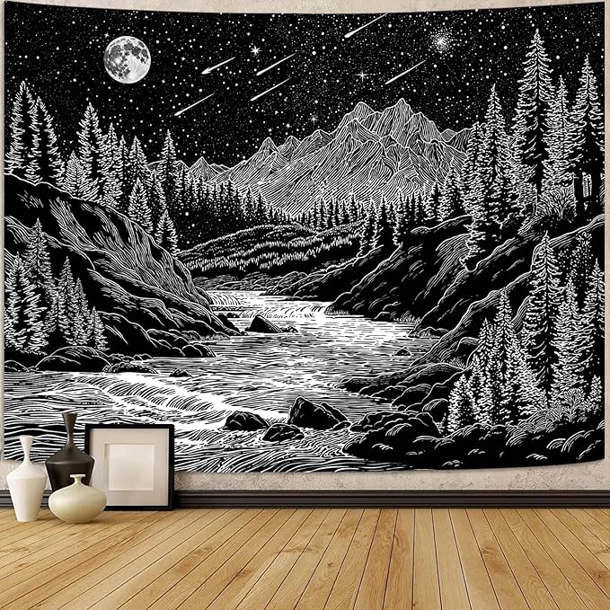 Zussun Black and White Forest Mountain Tapestry for Bedroom Aesthetic Dark Nature Pine Trees Stream Tapestries Wall Hanging Moon and Stars Wall Tapestry for Living Room Dorm 48 × 36 Inch