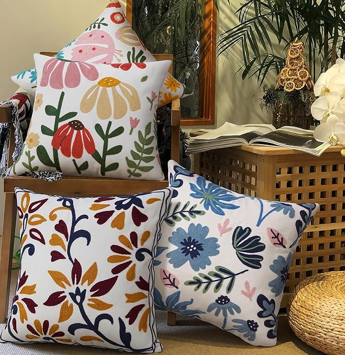 JASEN Embroidered Floral Boho Throw Pillow Cover 18x18 Inch - Decorative Cotton Pillow Case for Couch, Sofa, Bedroom, Living Room - Farmhouse Home Aesthetic Housewarming Gifts (Floral, 18" x 18")