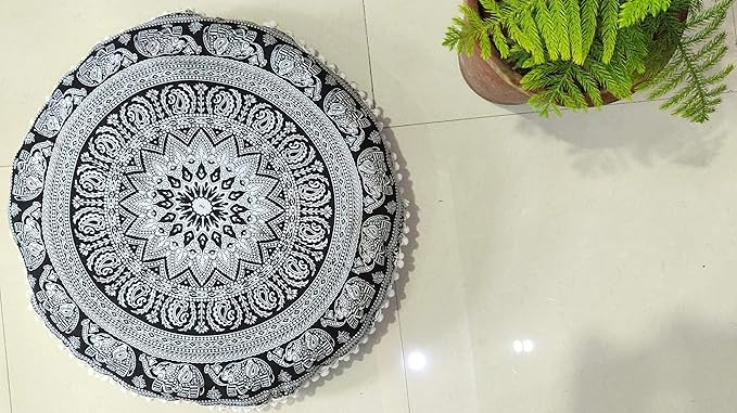 24" Black white Elephant Flower Mandala Barmeri Large Floor Pillow Cover Cushion Meditation Seating Ottoman Throw Cover Hippie Decorative Zipped Bohemian Pouf Ottoman Pom Pom Cases 24 " round