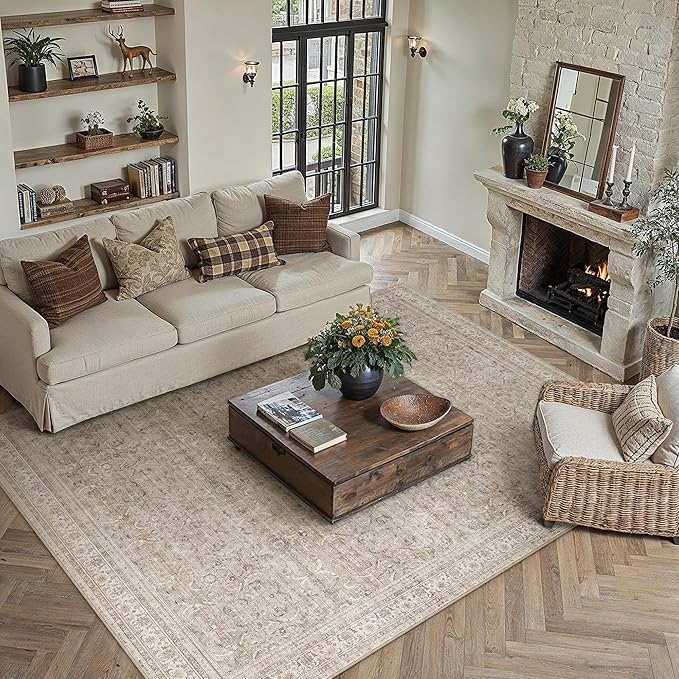 HUGEAR Area Rug 8x10 Vintage Beige Machine Washable Living Room Rugs Distressed Retro Floral Vacuumable Low Pile Carpet Bedroom Office Dining Room Laundry Room Non Slip Soft Lightweight