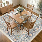 Area Rugs Square 7ft Washable Non-Slip, Floral Vintage Distress Print Pattern Medallion Carpet for Living Room Bedroom Dining Room, Beige Navy Blue Orange Colorful