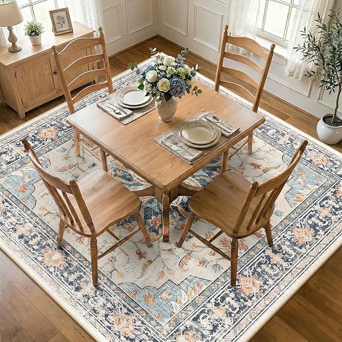 Area Rugs Square 7ft Washable Non-Slip, Floral Vintage Distress Print Pattern Medallion Carpet for Living Room Bedroom Dining Room, Beige Navy Blue Orange Colorful
