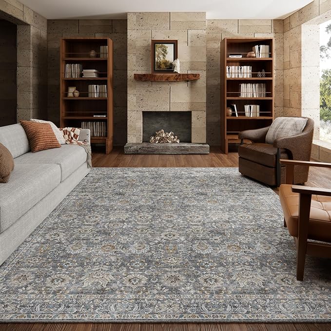 6x9 Washable Rug Vintage Fade Resistant Boho Distressed Non-Slip Indoor Large Carpet Low Pile Lightweight & High-Traffic Safe for Bedroom, Dorm, Playroom - Farmhouse Decor