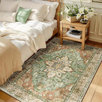 Area Rugs 3'x5' Washable Non-Slip, Floral Vintage Distress Print Pattern Medallion Carpet for Living Room Bedroom Dining Room, Brick Red Rust Neutral Brown Burnt Orange Green