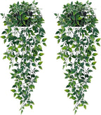 Waipfaru 2Pcs Fake Hanging Plants with Pot Deep Green Eucalyptus Leaves UV Resistant Fake Vines Ivy Artificial Plants Outdoor Faux Plants Indoor Bedroom Living Room Boho Wall Porch Shelf Decor