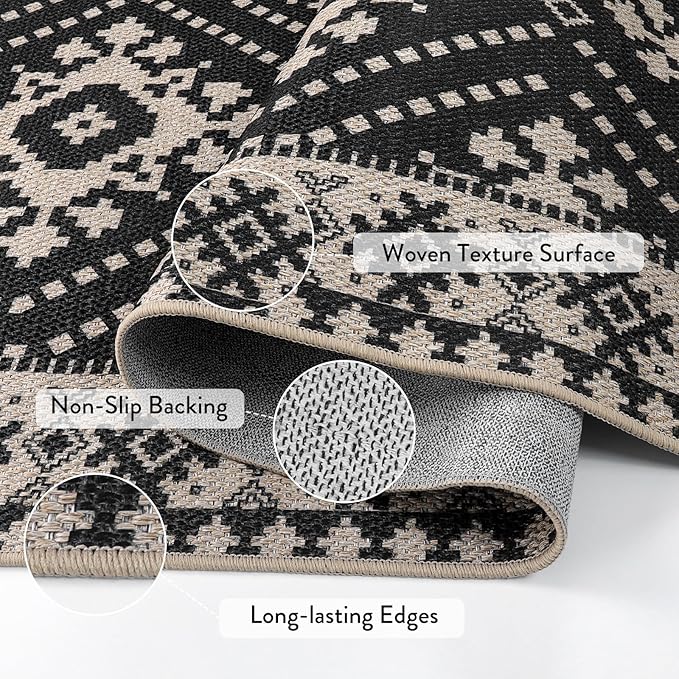 Lahome Bijou Moroccan Easy Jute 3x5 Entryway Rug, Indoor Outdoor Patio Rug 3x5 Farmhouse Black Washable Living Room Carpet, Non Slip Indoor Outdoor Carpet for Patio Courtyard Deck