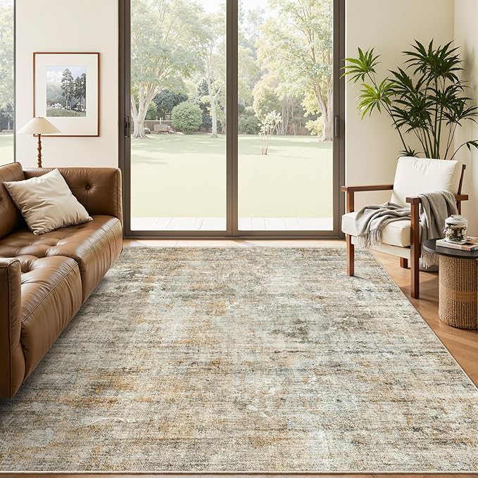 6x9 Abstract Area Rugs for Living Room 6 x 9 Washable Non Slip Low Pile Rugs for Bedroom Dining Room Foldable Thin Brown Grey