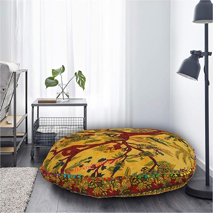 35 X 35 Inch Large Mandala Floor Pillow Cushion Seating Throw Cover Hippie Decorative Bohemian Ottoman Poufs, Multi Pom Pom Pillow Cases,Boho (Yellow T.L, 35X35X6 Round)