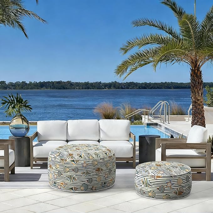 LVTXIII Indoor/Outdoor Inflatable Ottoman with Handle D21 x H9 Inch, Weather-Resistant Round Footstool Pouf for Patio Camping Living Room, Portable Footrest Extra Seating, Cabana Shells