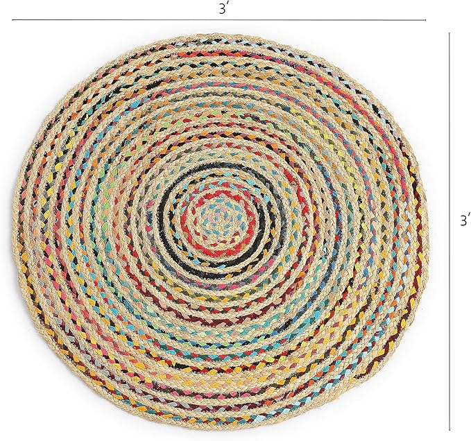 · REDEARTH · Jute Cotton Chindi Area Rug - 3' Round Rug, Handwoven, Non-Shedding, Soft & Durable – Multi Tones for Home Décor in Living Room, Dining Room, Bedroom