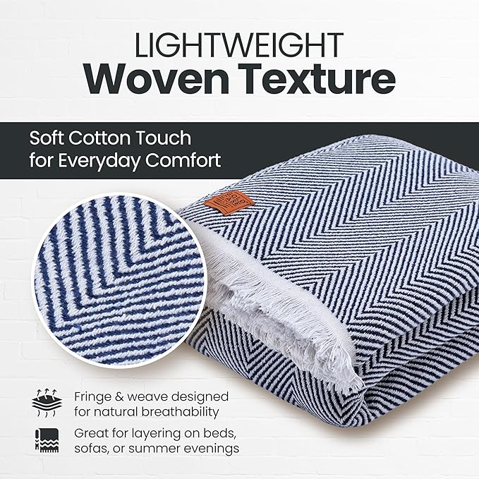 Gold Case Throw Blanket for Bed - 100% Recycled Turkish Cotton Blanket - Elegant Lightweight Soft Throw Blankets for Bed & Living Room - Queen Size Cozy Blankets - 90x90 - Navy Blue