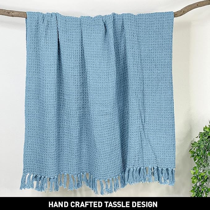 Chardin home Stonewash Blue Waffle Weave Throw, 50x60 Inch 100% Cotton- Large, Wearable, Breathable, Skin-Friendly & Cozy Everyday use Blanket for Couch, Bed, Sofa - Soft & Lightweight Picnic Rug