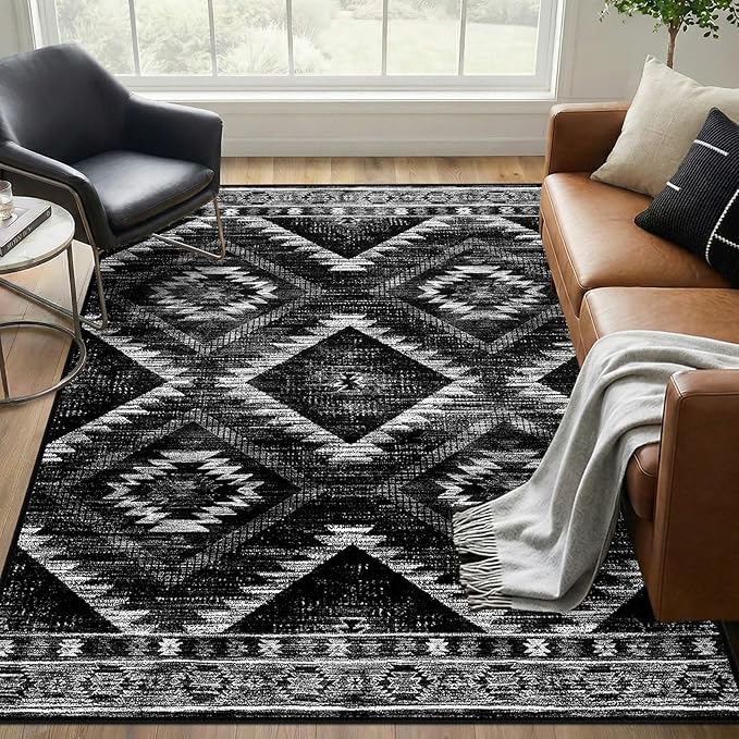 Area Rug 5x7 Rug Machine Washable Non-Slip Low Pile Print Pattern Western Rug for Living Room Bedroom Entryway Tribal Series -Black