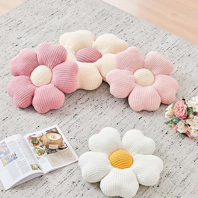 Flower Throw Pillow, Cute Flower Shaped Pillow Decorative Throw Pillow for Bed Couch, Soft Daisy Pillows Floor Seating Cushion Cushions (19.6 Inch Ivory+Pink)