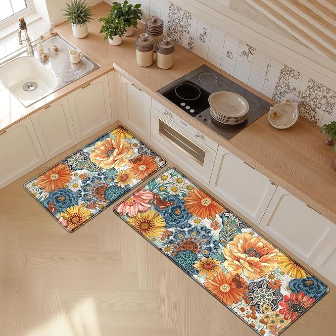 Boho Floral Kitchen Mats for Floor 2PCS Anti Fatigue Mats for Kitchen Floor Cushioned Non Slip Waterproof Memory Foam PVC Kitchen Rugs Set for Sink,Office,Laundry 17.3"x28"+17.3"x47"