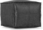 SIMPLIHOME Brody Square Pouf - 18 inch Wide Upholstered Vegan Leather Ottoman in Distressed Black, Boho Footstool, Coffee Table or Extra Seating for Living Room or Bedroom, Assembled