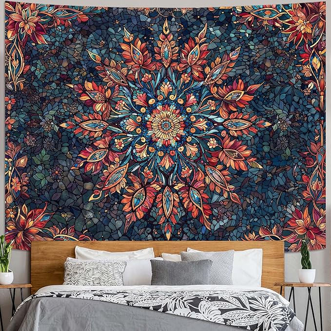 Accnicc Boho Floral Mandala Tapestry for Bedroom Hippie Bohemian Flower Wall Tapestry Aesthetic Large Stained Glass Red Blue Indian Tapestries Wall Hanging for Living Room Dorm Decor 80 x 60 Inch
