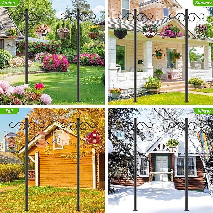 Double Shepherds Hooks for Outdoor,2 Pack 90 Inch Bird Feeder Pole with 5 Prongs Base,Heavy Duty Shepherds Hook,Suitable for Garden in Hanging Flower Basket,Lantern,Bird Nests (90 Inch)