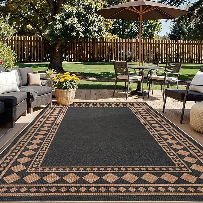 GarveeHome Easy Jute Rug 9x12 Washable Rugs for Living Room Farmhouse Solid Border Outdoor Rug for Patio Non-Slip No Shed Jute Rugs Solid Hand-Woven Carpet for Dining Room Office Backyard, Black Brown