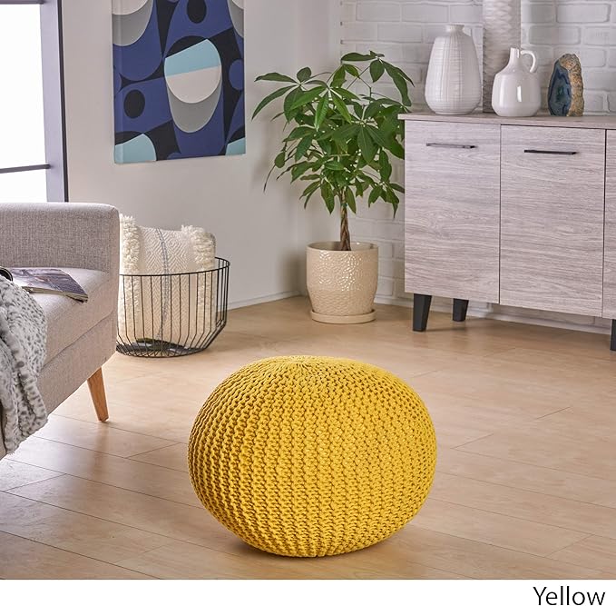 Christopher Knight Home Belle Knitted Cotton Pouf, Yellow