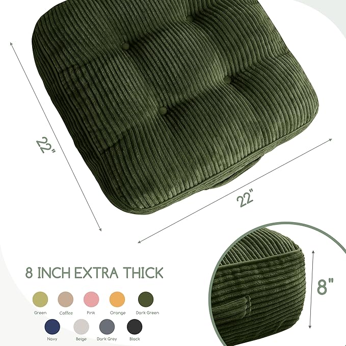 HIGOGOGO 8" Extra Thick Floor Pillow Cushion for Adults, Meditation Cushion Pillow, Large Square Floor Sitting, Tufted Corduroy Cover, for Tatami Living Room or Yoga, 22x22 Inch, Dark Green
