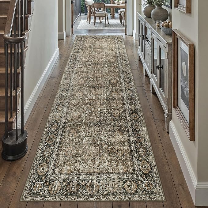 Brown Runner Rug 2'6"x14' Vintage Area Carpet Hallway Long Indoor Kitchen Washable Living Room Low Pile Traditional Distressed Retro Accent Rug Non Slip Laundry Bathroom Office Dining Room