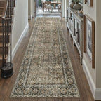 Brown Runner Rug 2'6"x18' Vintage Area Carpet Hallway Long Indoor Kitchen Washable Living Room Low Pile Traditional Distressed Retro Accent Rug Non Slip Laundry Bathroom Office Dining Room