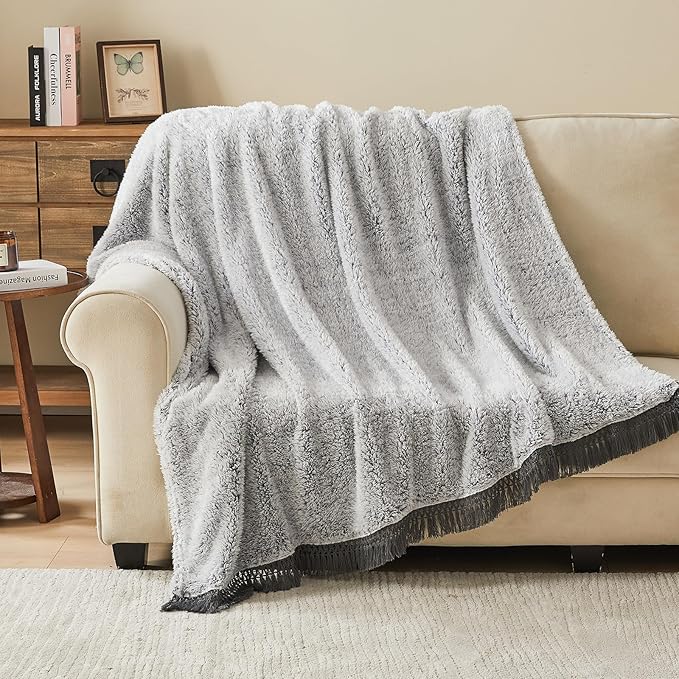 EMME Soft Sherpa Fleece Blanket with Tassel, Reversible Plush Fluffy Large Blanket, Light Weight Warm Decorative Boho Blanket Cover for Sofa, Couch, Bedroom,Travel(Tassel Grey,50"x60")