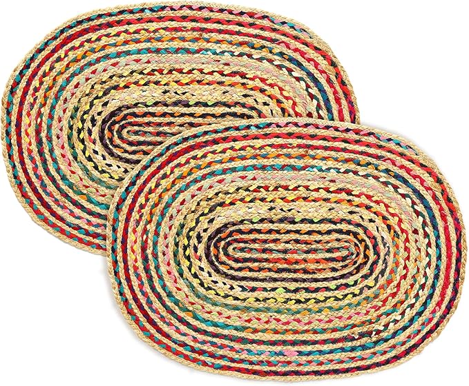 · REDEARTH · Jute Cotton Chindi Area Rug - 2'x3' Oval Rug, Handwoven, Non-Shedding, Soft & Durable – Multi Tones for Home Décor in Living Room, Dining Room, Bedroom, Set of 2