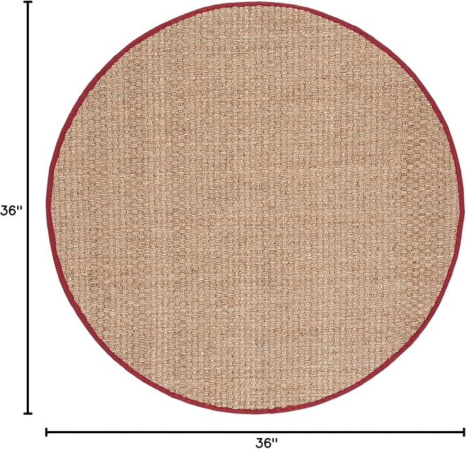 SAFAVIEH Area Rug 3' Round - Natural Fiber Collection - Natural & Red, Seagrass, Basketweave Pattern with Border (NF114D)
