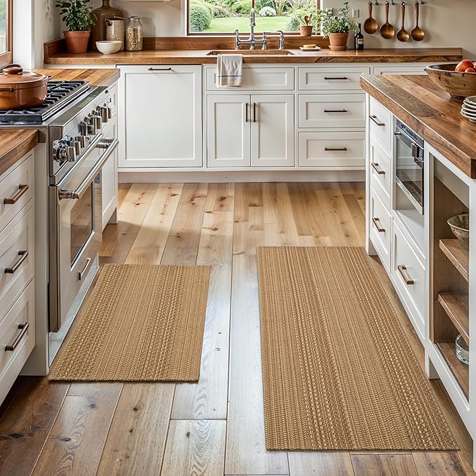 Cotton Blend Kitchen Rug Set 2 Piece, American Country Woven Runner Rug and Doormat, 20"x48"+20"x30", Rustic Farmhouse Washable Area Rugs for Kitchen, Laundry, Entryway