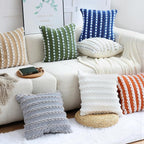 18x18 Boho Pillow Cover - Chenille Tufted Decorative Throw Pillow Cover Soft Velvet Backing, Farmhouse Square Accent Pillow Case for Sofa, Couch, Bedroom, Living Room, Grey-White Stripe