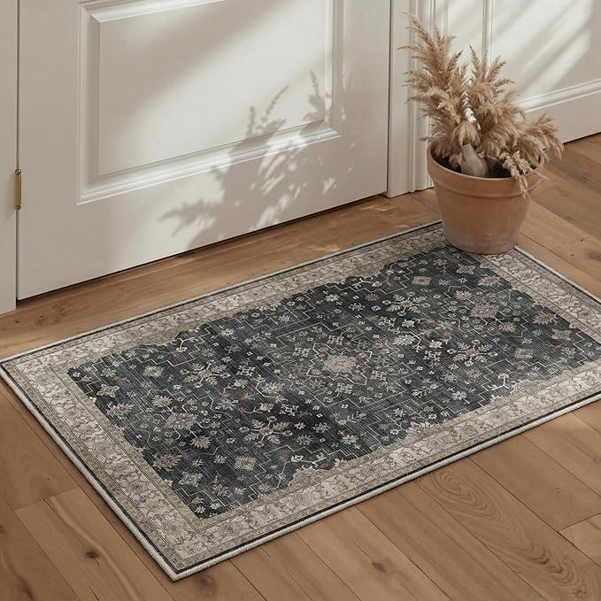 GENIMO Area Rug 2x3 Doormat, Machine Washable Low Pile Rugs, Small Retro Chenille Entryway Mat for Entrance, Hallway, Kitchen and Corridor, Sandy Charcoal
