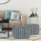 SIMPLIHOME Noreen Boho Square Pouf in Dark Blue and White Handloom Woven Pattern for the Living Room, Bedroom and Kids Room